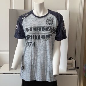 American Fighter Brand Navy Blue, White, and Gray T Shirt